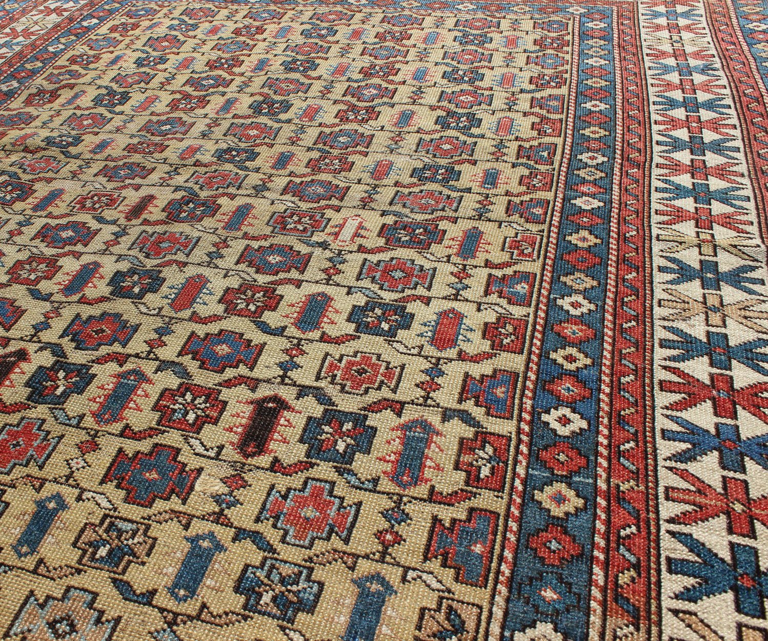 Antique Kuba rug with all - over geometric ornament design in multi - colors. Keivan Woven Arts / rug S12 - 0617, country of origin / type: Caucasus / Kazak, circa 1890 Measures: 4'1 x 4'9. This Kuba rug from the southern Caucasus region features many ... - Keivan Woven ArtsS12 - 0617 - 3305Rug