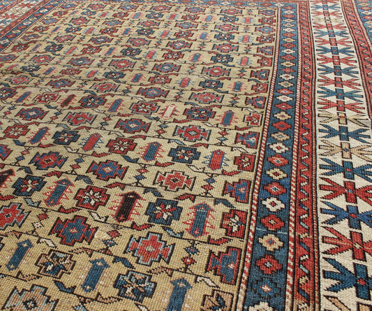 Antique Kuba rug with all - over geometric ornament design in multi - colors. Keivan Woven Arts / rug S12 - 0617, country of origin / type: Caucasus / Kazak, circa 1890 Measures: 4'1 x 4'9. This Kuba rug from the southern Caucasus region features many ... - Keivan Woven ArtsS12 - 0617 - 3305Rug