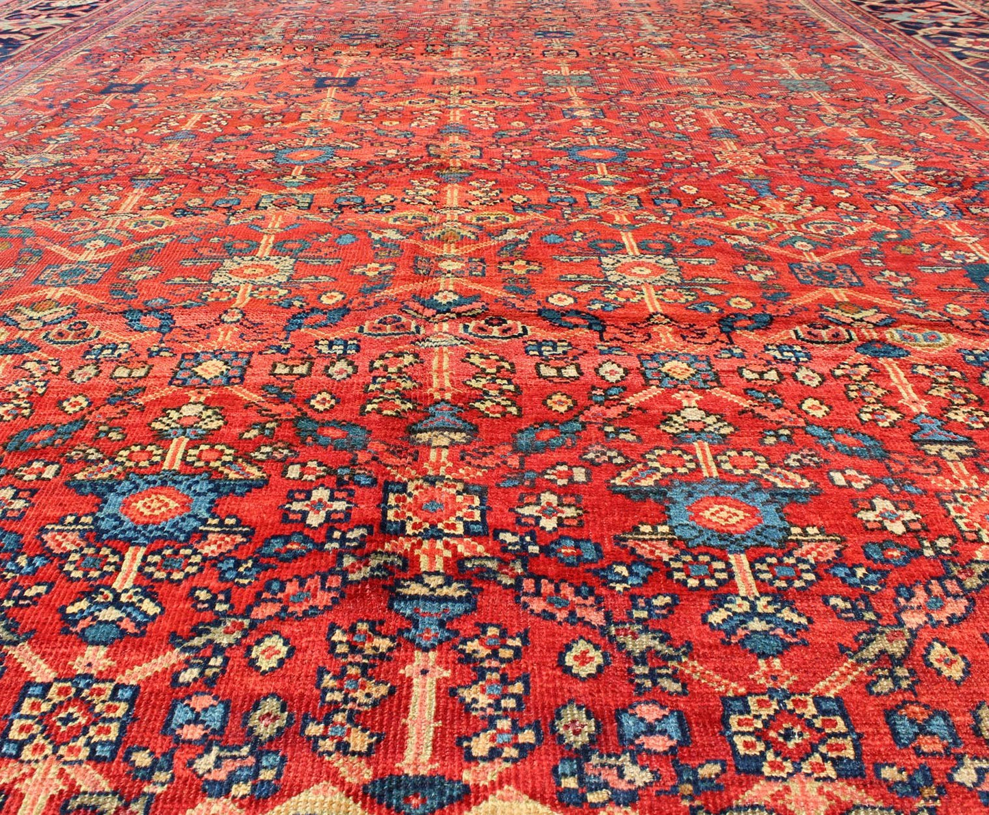Antique Sultanabad Rug with All Over Sub Geometric Design in Red, Green and Blue. Square shape Antique Turkish Oushak rug in red background, gray border, yellow, Orange and light green. Antique Turkish Oushak Rug. Measures: 9' x 10'6. ... - Keivan Woven ArtsS12 - 0702 - 3309Rug