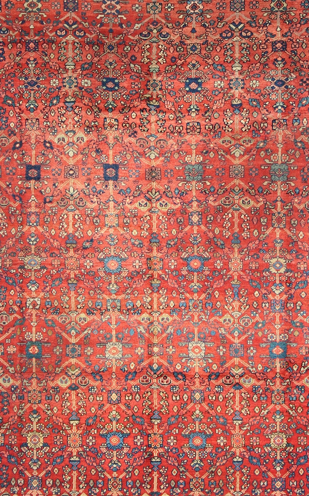 Antique Sultanabad Rug with All Over Sub Geometric Design in Red, Green and Blue. Square shape Antique Turkish Oushak rug in red background, gray border, yellow, Orange and light green. Antique Turkish Oushak Rug. Measures: 9' x 10'6. ... - Keivan Woven ArtsS12 - 0702 - 3309Rug