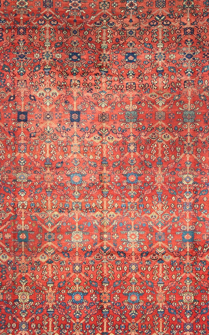 Antique Sultanabad Rug with All Over Sub Geometric Design in Red, Green and Blue. Square shape Antique Turkish Oushak rug in red background, gray border, yellow, Orange and light green. Antique Turkish Oushak Rug. Measures: 9' x 10'6. ... - Keivan Woven ArtsS12 - 0702 - 3309Rug