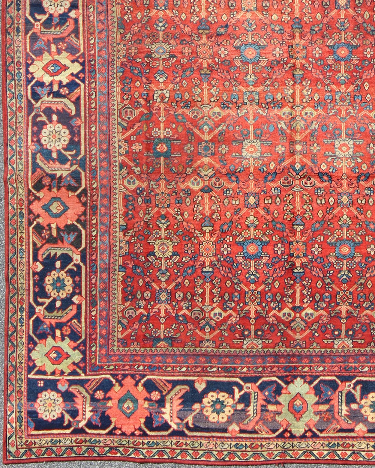 Antique Sultanabad Rug with All Over Sub Geometric Design in Red, Green and Blue. Square shape Antique Turkish Oushak rug in red background, gray border, yellow, Orange and light green. Antique Turkish Oushak Rug. Measures: 9' x 10'6. ... - Keivan Woven ArtsS12 - 0702 - 3309Rug