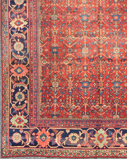 Antique Sultanabad Rug with All Over Sub Geometric Design in Red, Green and Blue. Square shape Antique Turkish Oushak rug in red background, gray border, yellow, Orange and light green. Antique Turkish Oushak Rug. Measures: 9' x 10'6. ... - Keivan Woven ArtsS12 - 0702 - 3309Rug