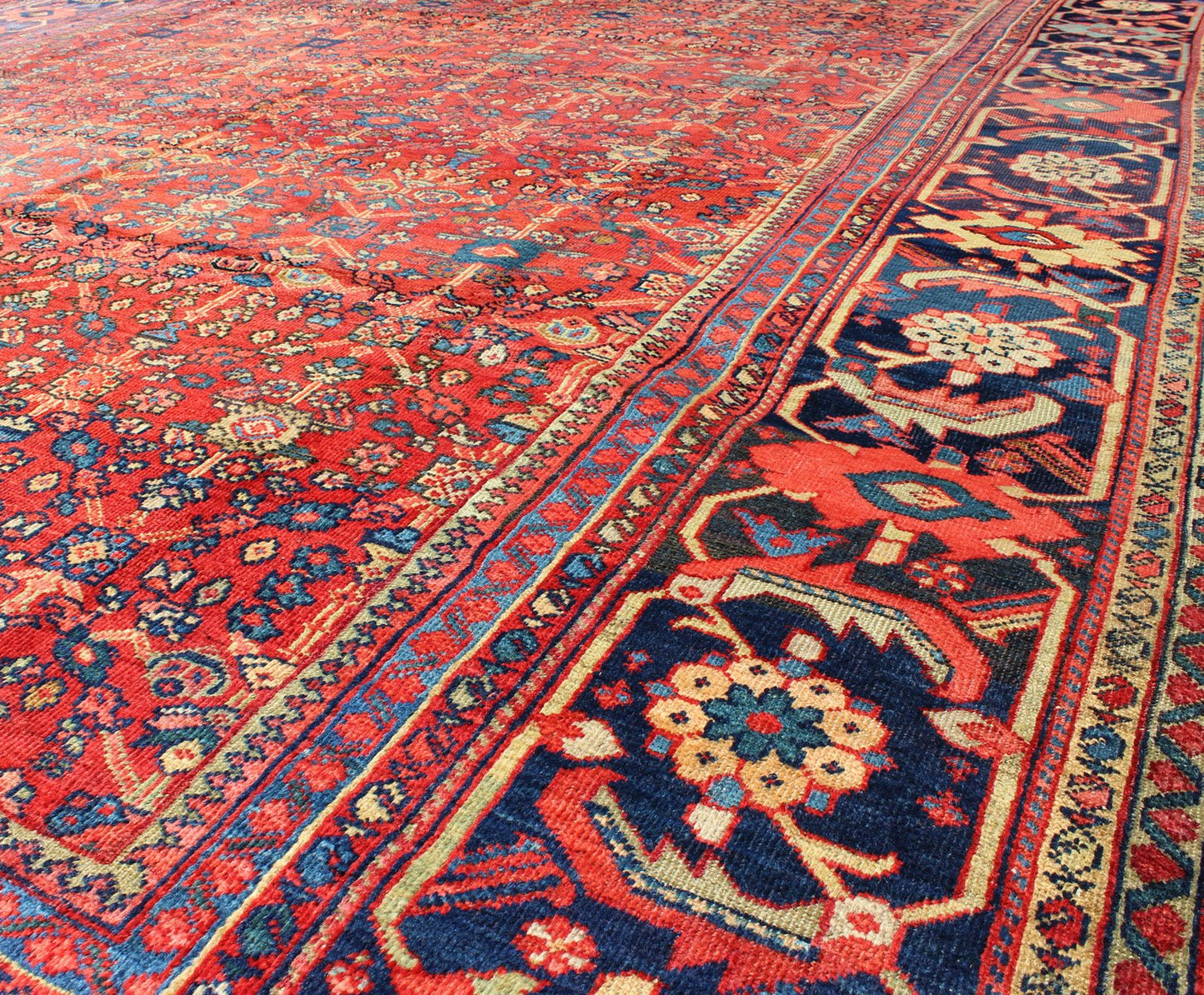 Antique Sultanabad Rug with All Over Sub Geometric Design in Red, Green and Blue. Square shape Antique Turkish Oushak rug in red background, gray border, yellow, Orange and light green. Antique Turkish Oushak Rug. Measures: 9' x 10'6. ... - Keivan Woven ArtsS12 - 0702 - 3309Rug
