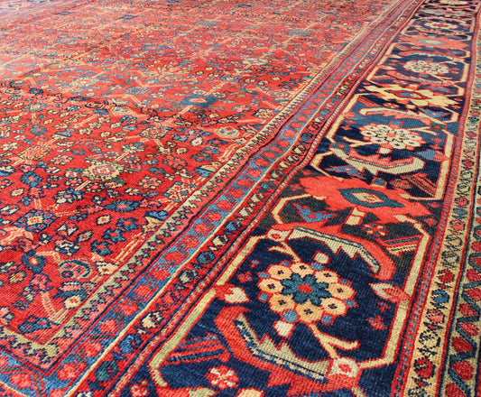 Antique Sultanabad Rug with All Over Sub Geometric Design in Red, Green and Blue. Square shape Antique Turkish Oushak rug in red background, gray border, yellow, Orange and light green. Antique Turkish Oushak Rug. Measures: 9' x 10'6. ... - Keivan Woven ArtsS12 - 0702 - 3309Rug