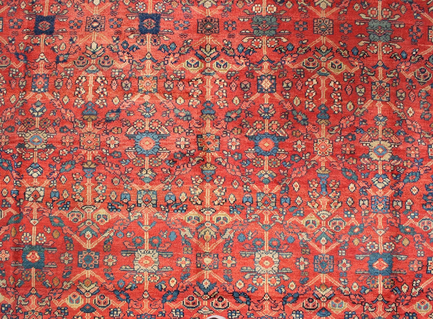 Antique Sultanabad Rug with All Over Sub Geometric Design in Red, Green and Blue. Square shape Antique Turkish Oushak rug in red background, gray border, yellow, Orange and light green. Antique Turkish Oushak Rug. Measures: 9' x 10'6. ... - Keivan Woven ArtsS12 - 0702 - 3309Rug
