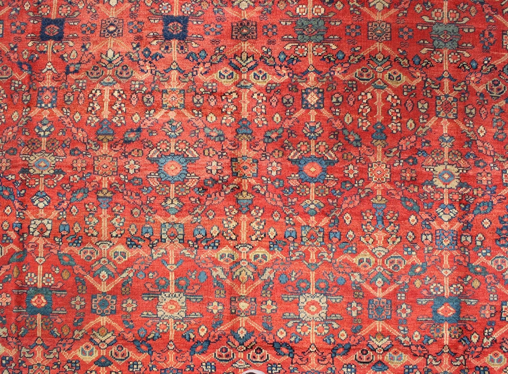 Antique Sultanabad Rug with All Over Sub Geometric Design in Red, Green and Blue. Square shape Antique Turkish Oushak rug in red background, gray border, yellow, Orange and light green. Antique Turkish Oushak Rug. Measures: 9' x 10'6. ... - Keivan Woven ArtsS12 - 0702 - 3309Rug