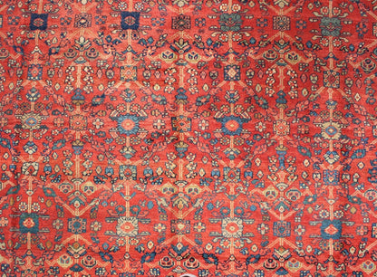 Antique Sultanabad Rug with All Over Sub Geometric Design in Red, Green and Blue. Square shape Antique Turkish Oushak rug in red background, gray border, yellow, Orange and light green. Antique Turkish Oushak Rug. Measures: 9' x 10'6. ... - Keivan Woven ArtsS12 - 0702 - 3309Rug