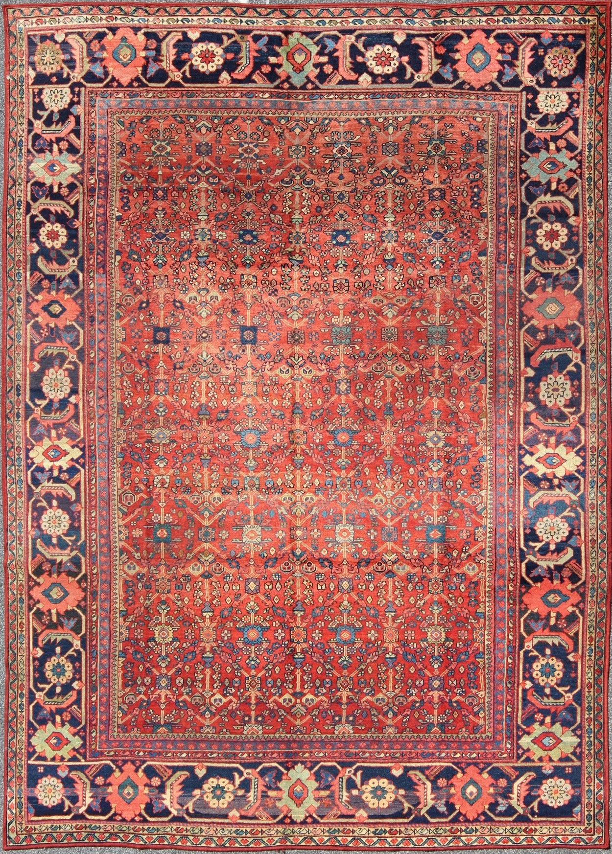 Antique Sultanabad Rug with All Over Sub Geometric Design in Red, Green and Blue. Square shape Antique Turkish Oushak rug in red background, gray border, yellow, Orange and light green. Antique Turkish Oushak Rug. Measures: 9' x 10'6. ... - Keivan Woven ArtsS12 - 0702 - 3309Rug