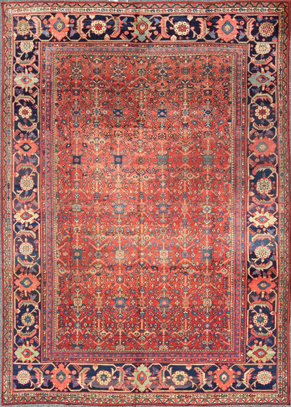 Antique Sultanabad Rug with All Over Sub Geometric Design in Red, Green and Blue. Square shape Antique Turkish Oushak rug in red background, gray border, yellow, Orange and light green. Antique Turkish Oushak Rug. Measures: 9' x 10'6. ... - Keivan Woven ArtsS12 - 0702 - 3309Rug