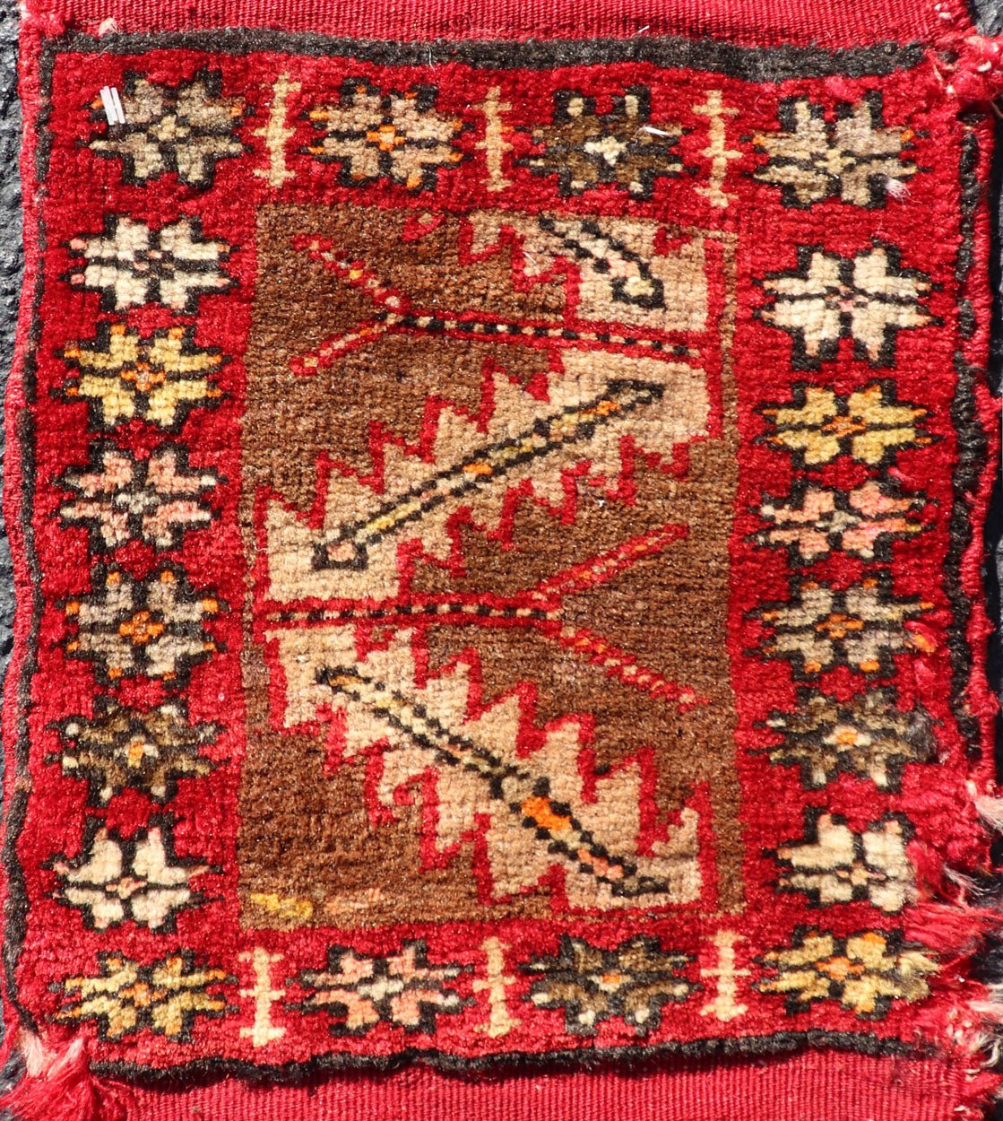 Antique Turkish Sampler Rug with Coral, Yellow and Brown Colors This Turkish rug is rendered in colors of coral, yellow and brown. There is some wear on the edges of this piece, consistent with its age. Measures: 1.0 x 1.7 *This measurement d... - Keivan Woven ArtsS12 - 0706A - 3319Rug