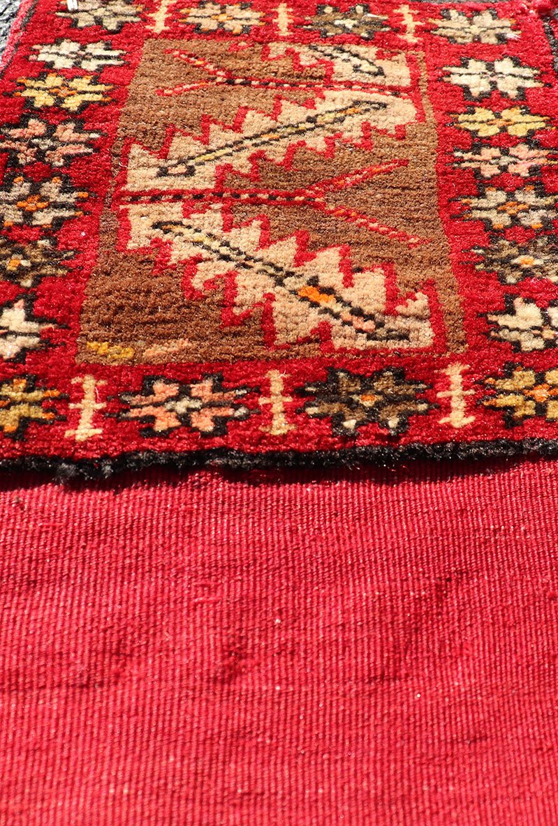 Antique Turkish Sampler Rug with Coral, Yellow and Brown Colors This Turkish rug is rendered in colors of coral, yellow and brown. There is some wear on the edges of this piece, consistent with its age. Measures: 1.0 x 1.7 *This measurement d... - Keivan Woven ArtsS12 - 0706A - 3319Rug