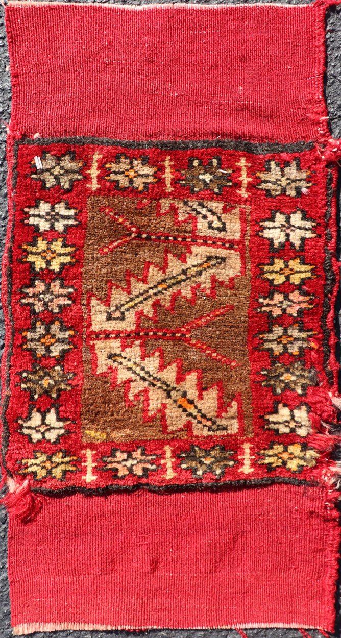 Antique Turkish Sampler Rug with Coral, Yellow and Brown Colors This Turkish rug is rendered in colors of coral, yellow and brown. There is some wear on the edges of this piece, consistent with its age. Measures: 1.0 x 1.7 *This measurement d... - Keivan Woven ArtsS12 - 0706A - 3319Rug