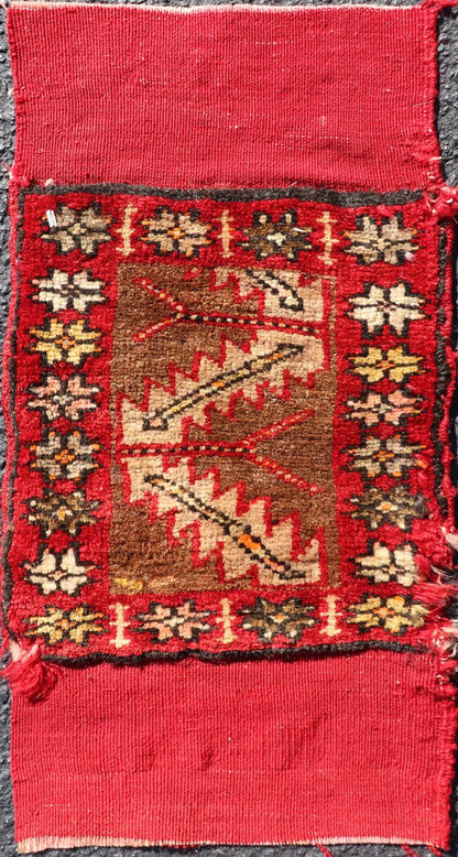 Antique Turkish Sampler Rug with Coral, Yellow and Brown Colors This Turkish rug is rendered in colors of coral, yellow and brown. There is some wear on the edges of this piece, consistent with its age. Measures: 1.0 x 1.7 *This measurement d... - Keivan Woven ArtsS12 - 0706A - 3319Rug