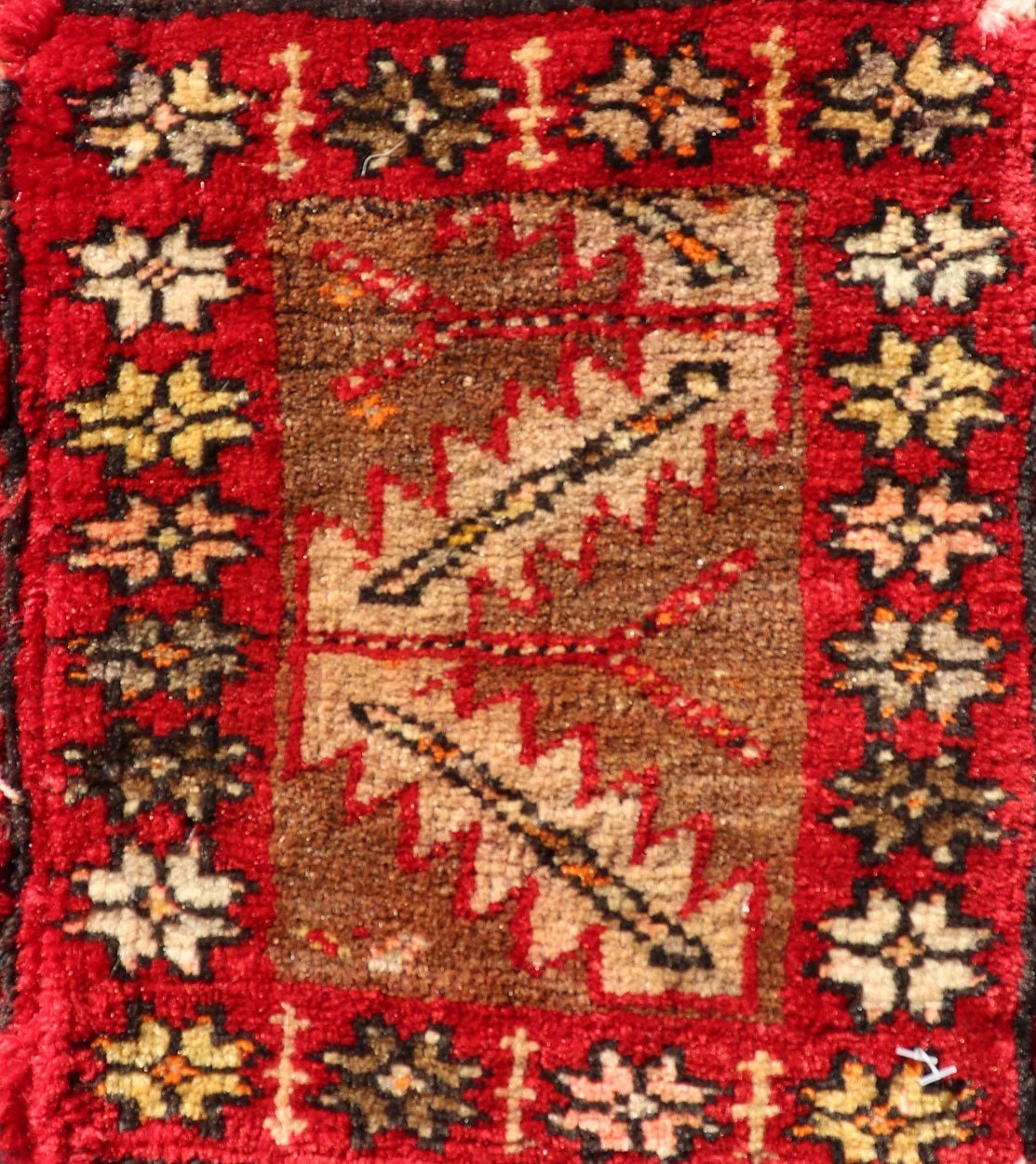 Antique Turkish Sampler Rug with Coral, Yellow and Brown Colors This Turkish rug is rendered in colors of coral, yellow and brown. There is some wear on the edges of this piece, consistent with its age. Measures: 1.0 x 1.7 *This measurement d... - Keivan Woven ArtsS12 - 0706B - 3324Rug