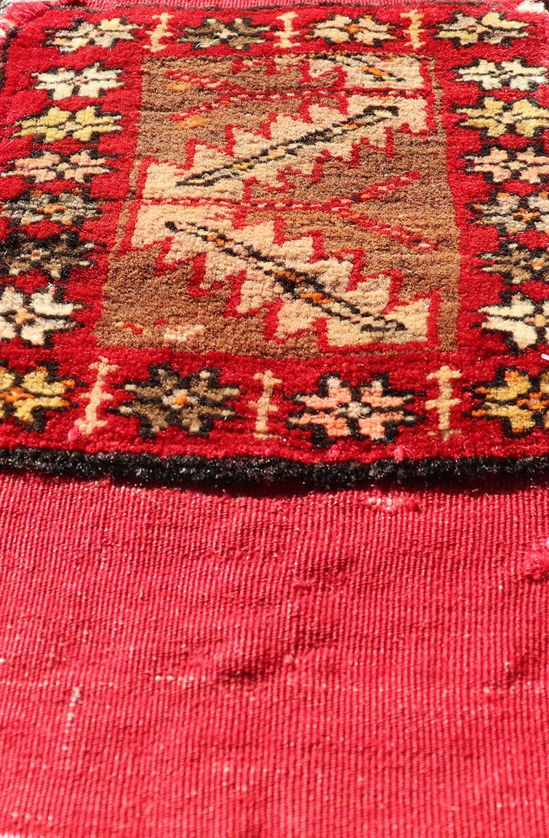 Antique Turkish Sampler Rug with Coral, Yellow and Brown Colors This Turkish rug is rendered in colors of coral, yellow and brown. There is some wear on the edges of this piece, consistent with its age. Measures: 1.0 x 1.7 *This measurement d... - Keivan Woven ArtsS12 - 0706B - 3324Rug