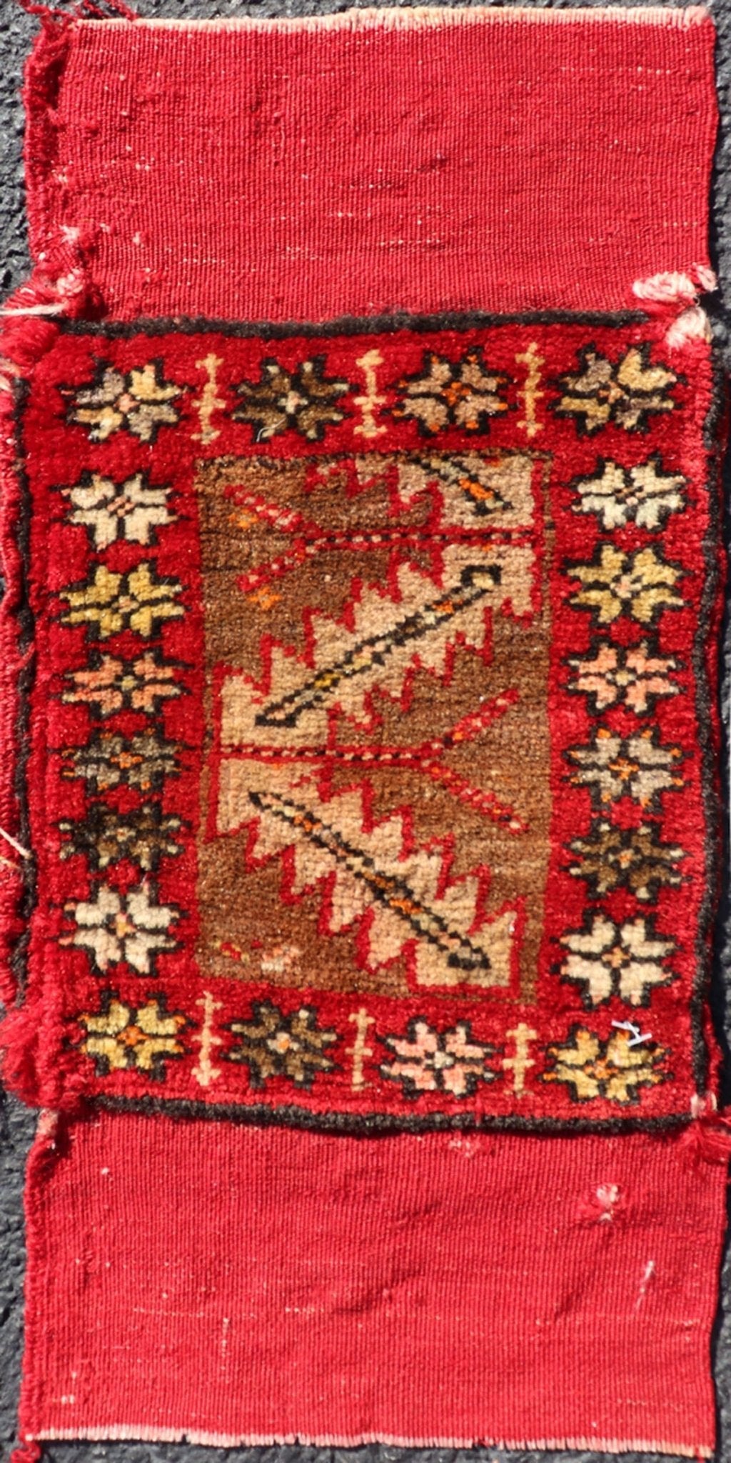 Antique Turkish Sampler Rug with Coral, Yellow and Brown Colors This Turkish rug is rendered in colors of coral, yellow and brown. There is some wear on the edges of this piece, consistent with its age. Measures: 1.0 x 1.7 *This measurement d... - Keivan Woven ArtsS12 - 0706B - 3324Rug