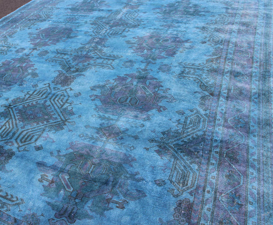 1940's Vintage Turkish Large Oushak Rug Over - Dyed in Blue Color This vintage Turkish carpet with a classical composition has been overdyed with blue, light blue and pink pigments. With both classic and contemporary characteristics, this beautif... - Keivan Woven ArtsS12 - 0805 - 3349Rug