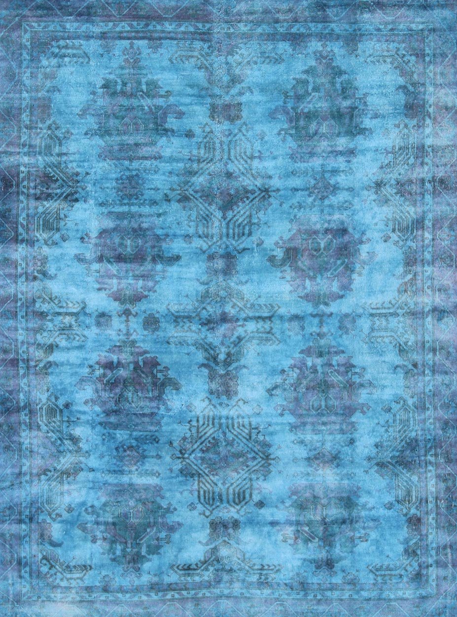 1940's Vintage Turkish Large Oushak Rug Over - Dyed in Blue Color This vintage Turkish carpet with a classical composition has been overdyed with blue, light blue and pink pigments. With both classic and contemporary characteristics, this beautif... - Keivan Woven ArtsS12 - 0805 - 3349Rug