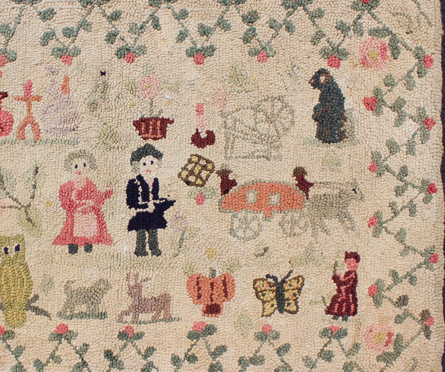 American Hooked Rug Featuring Colorful Village Scene This American Hooked rug depicts a colorful village scene, including various people, an owl, butterflies, and other animals. Measures: 2'6 x 4'1 - Keivan Woven ArtsS12 - 0806 - 3357Rug
