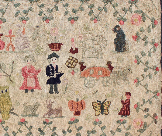 American Hooked Rug Featuring Colorful Village Scene This American Hooked rug depicts a colorful village scene, including various people, an owl, butterflies, and other animals. Measures: 2'6 x 4'1 - Keivan Woven ArtsS12 - 0806 - 3357Rug