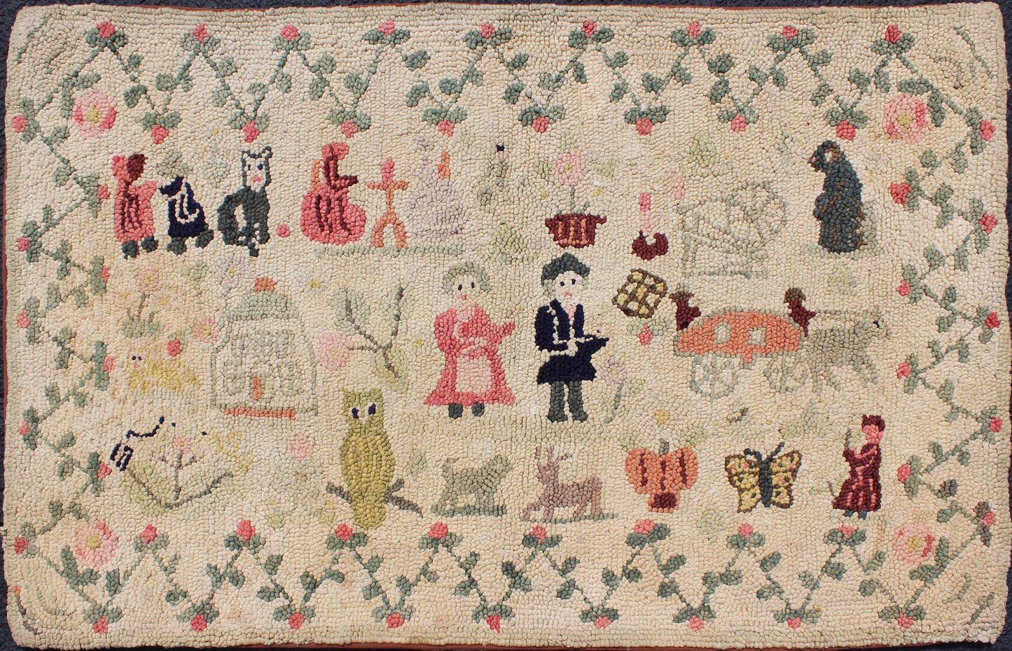 American Hooked Rug Featuring Colorful Village Scene This American Hooked rug depicts a colorful village scene, including various people, an owl, butterflies, and other animals. Measures: 2'6 x 4'1 - Keivan Woven ArtsS12 - 0806 - 3357Rug