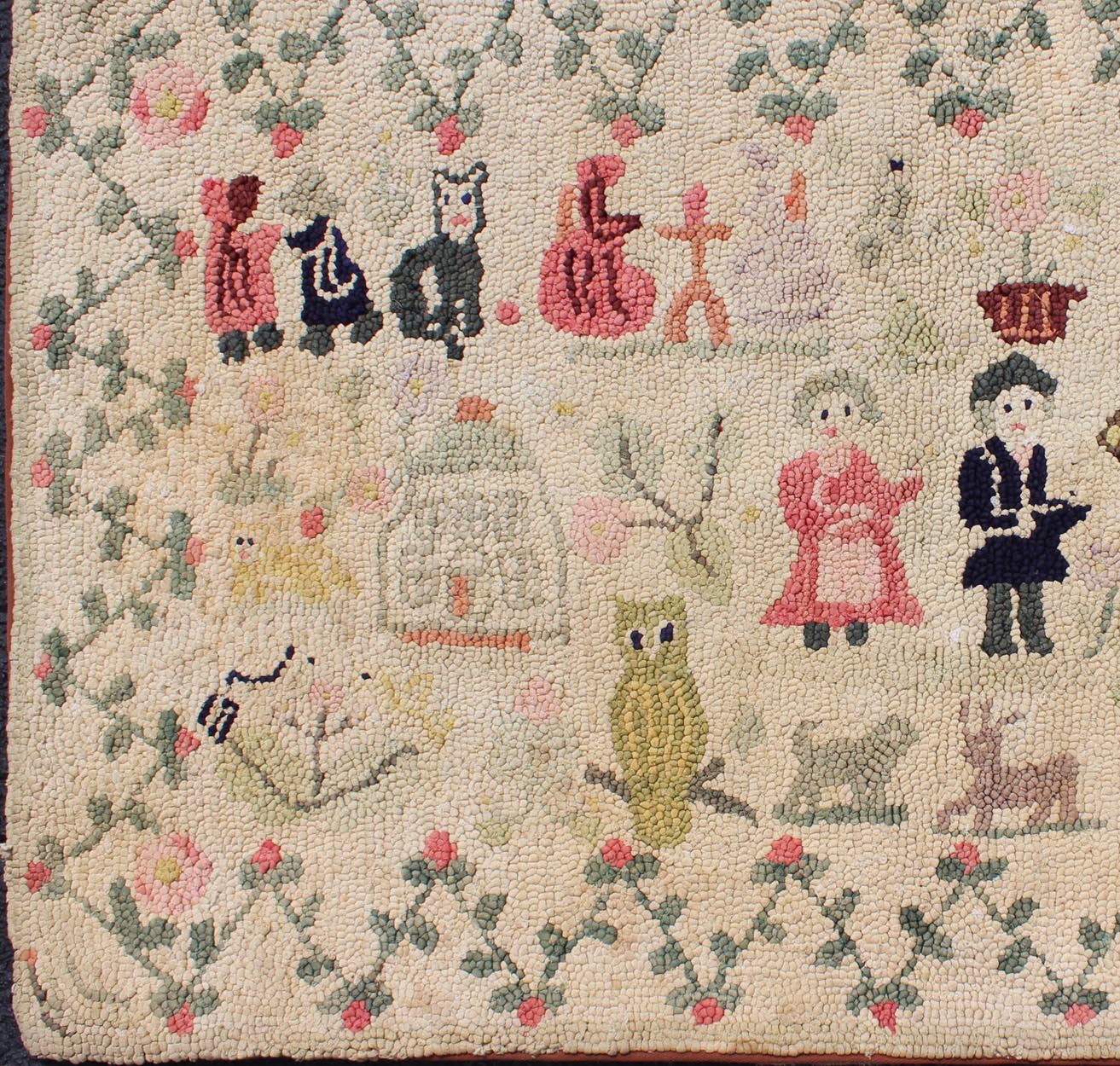 American Hooked Rug Featuring Colorful Village Scene This American Hooked rug depicts a colorful village scene, including various people, an owl, butterflies, and other animals. Measures: 2'6 x 4'1 - Keivan Woven ArtsS12 - 0806 - 3357Rug