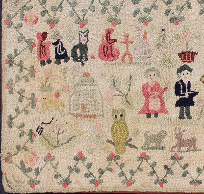 American Hooked Rug Featuring Colorful Village Scene This American Hooked rug depicts a colorful village scene, including various people, an owl, butterflies, and other animals. Measures: 2'6 x 4'1 - Keivan Woven ArtsS12 - 0806 - 3357Rug