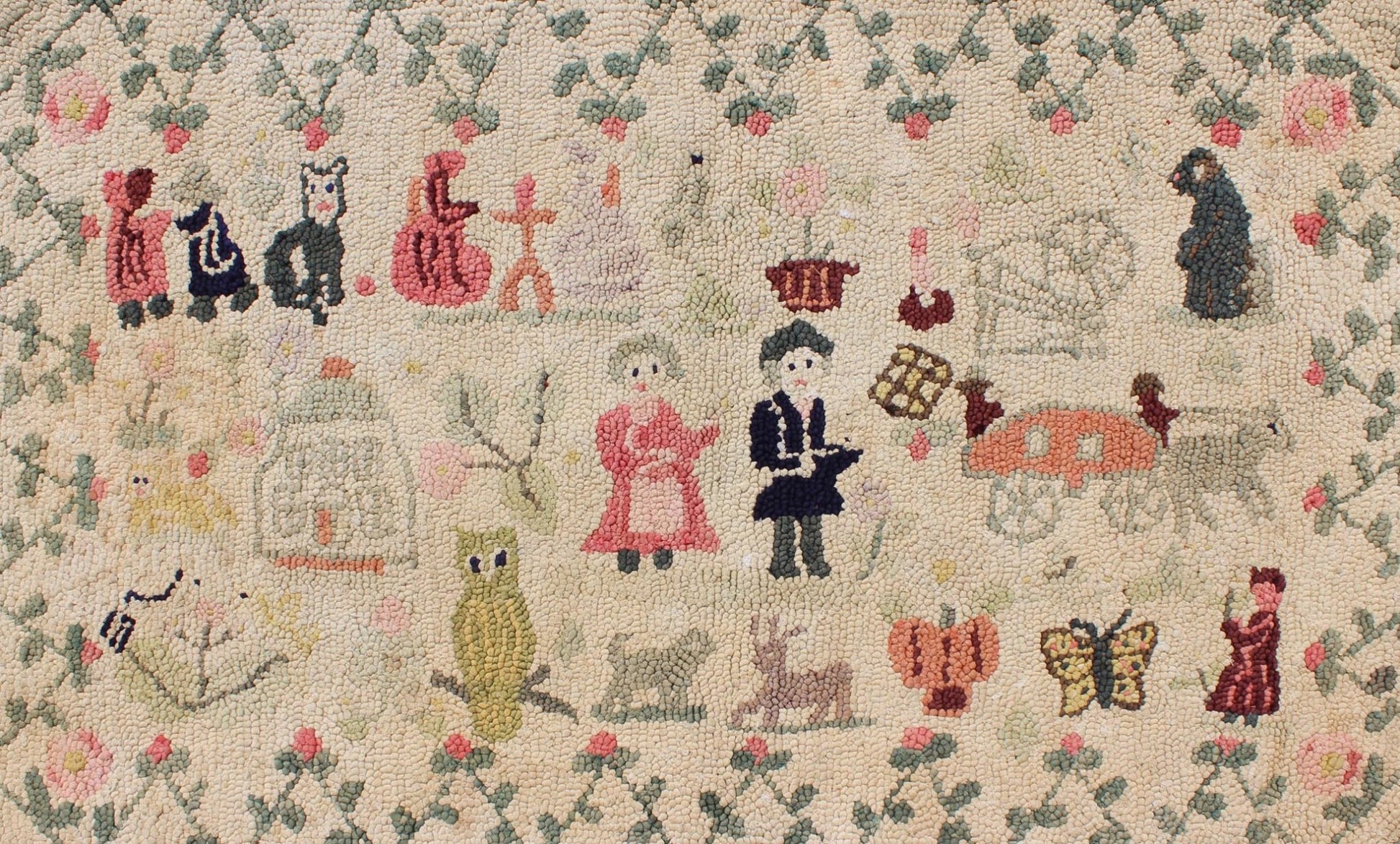 American Hooked Rug Featuring Colorful Village Scene This American Hooked rug depicts a colorful village scene, including various people, an owl, butterflies, and other animals. Measures: 2'6 x 4'1 - Keivan Woven ArtsS12 - 0806 - 3357Rug