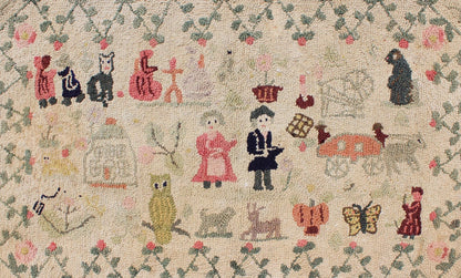 American Hooked Rug Featuring Colorful Village Scene This American Hooked rug depicts a colorful village scene, including various people, an owl, butterflies, and other animals. Measures: 2'6 x 4'1 - Keivan Woven ArtsS12 - 0806 - 3357Rug