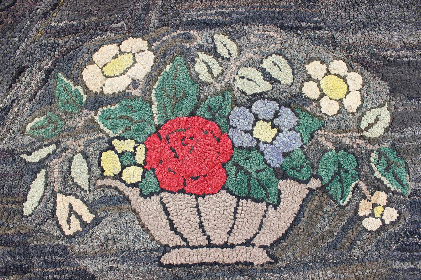 Charcoal, Red, and Green Antique American Hooked with Large Flower Pot Design Charcoal, red, and green antique American Hooked rug with large flower design, Keivan Woven Arts / rug S12 - 0807, country of origin / type: United States / Hooked, circ... - Keivan Woven ArtsS12 - 0807 - 3361Rug