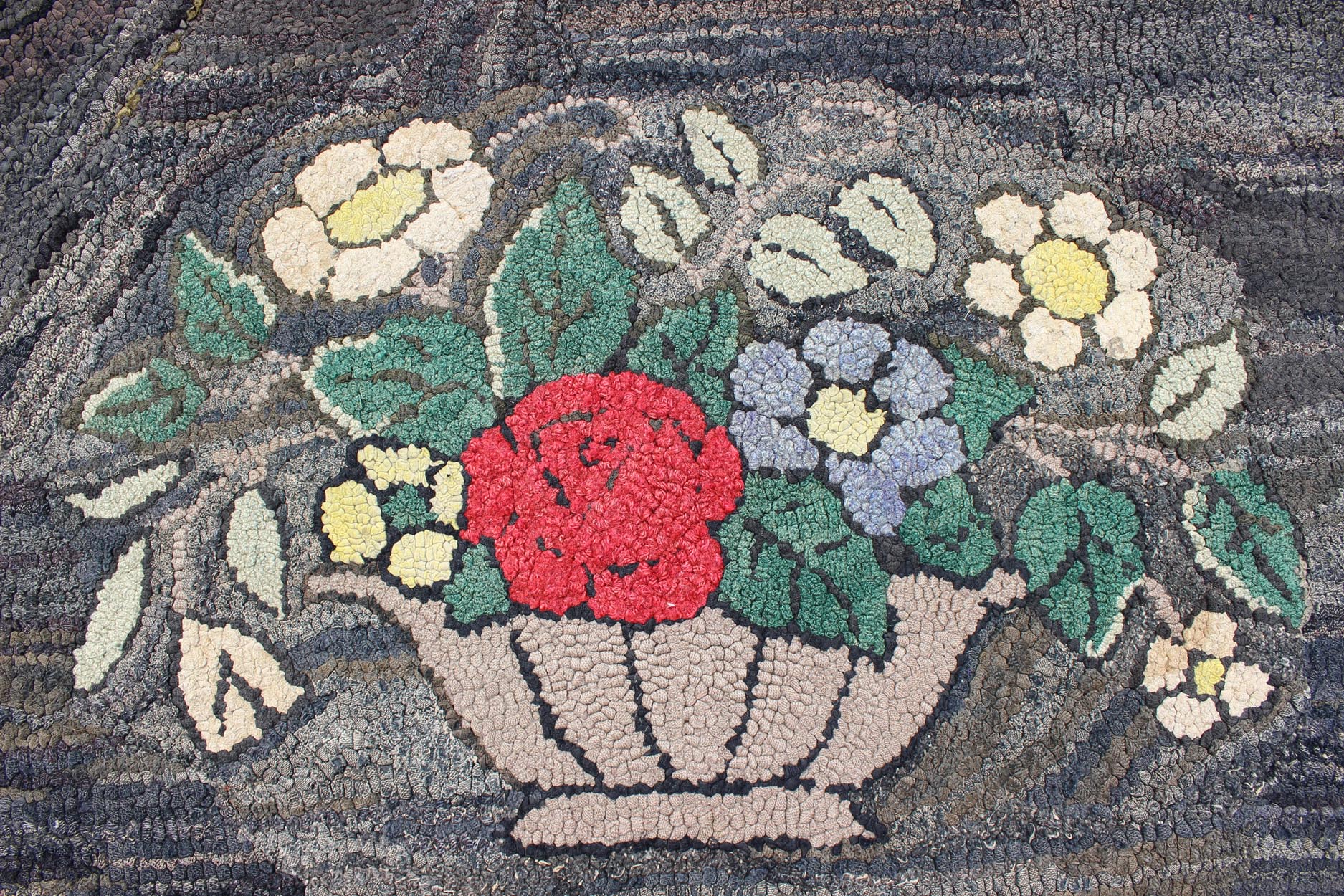 Charcoal, Red, and Green Antique American Hooked with Large Flower Pot Design Charcoal, red, and green antique American Hooked rug with large flower design, Keivan Woven Arts / rug S12 - 0807, country of origin / type: United States / Hooked, circ... - Keivan Woven ArtsS12 - 0807 - 3361Rug