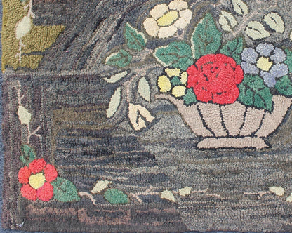 Charcoal, Red, and Green Antique American Hooked with Large Flower Pot Design Charcoal, red, and green antique American Hooked rug with large flower design, Keivan Woven Arts / rug S12 - 0807, country of origin / type: United States / Hooked, circ... - Keivan Woven ArtsS12 - 0807 - 3361Rug