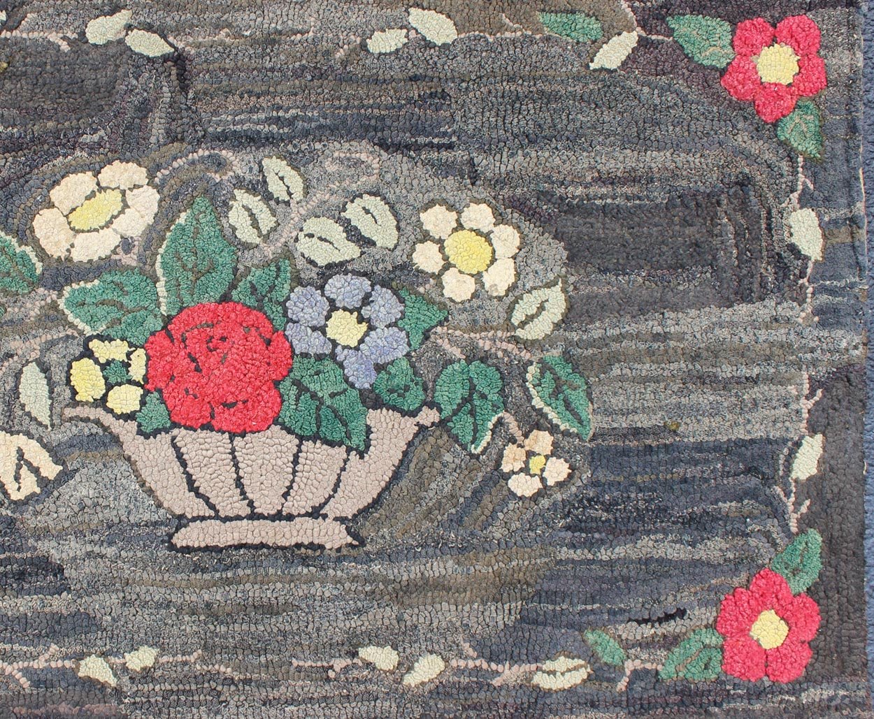 Charcoal, Red, and Green Antique American Hooked with Large Flower Pot Design Charcoal, red, and green antique American Hooked rug with large flower design, Keivan Woven Arts / rug S12 - 0807, country of origin / type: United States / Hooked, circ... - Keivan Woven ArtsS12 - 0807 - 3361Rug