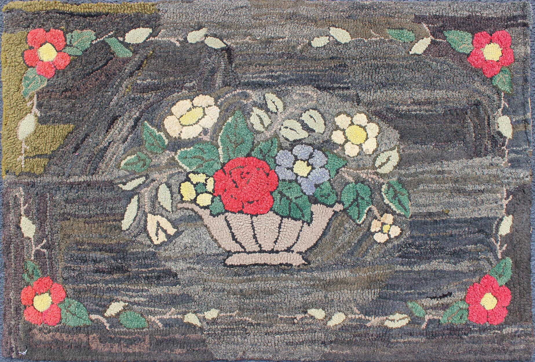 Charcoal, Red, and Green Antique American Hooked with Large Flower Pot Design Charcoal, red, and green antique American Hooked rug with large flower design, Keivan Woven Arts / rug S12 - 0807, country of origin / type: United States / Hooked, circ... - Keivan Woven ArtsS12 - 0807 - 3361Rug