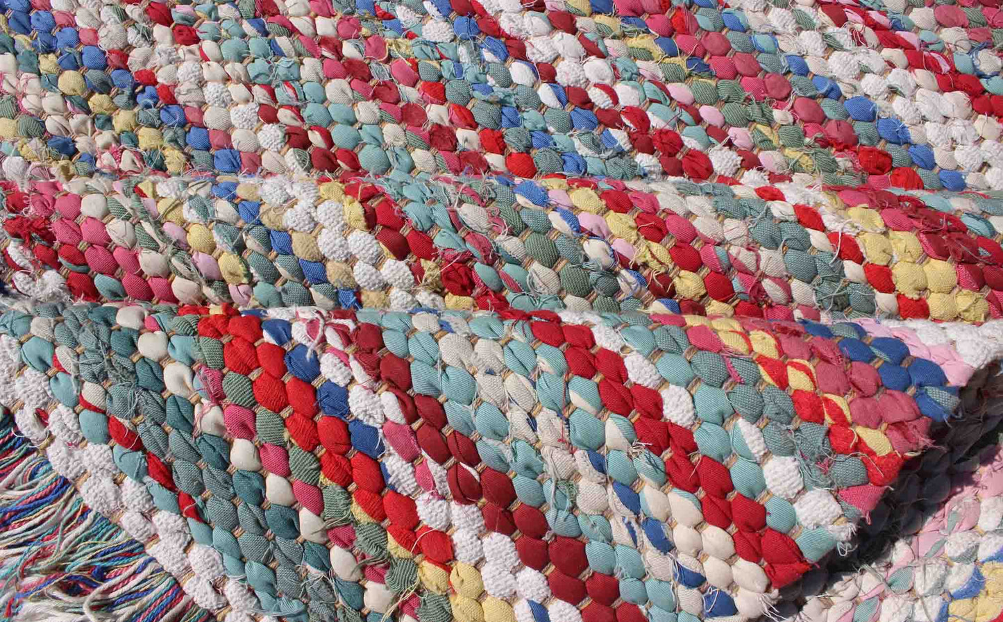 1970s Colorful Braided Rug American with Horizontal Stripes and Fringe Detail, rug s12 - 0809, country of origin / type: America / braided, circa 1960 This large vintage American braided rug (circa 1960) features a vibrant color palette coupled wi... - Keivan Woven ArtsS12 - 0809 - 3339Rug