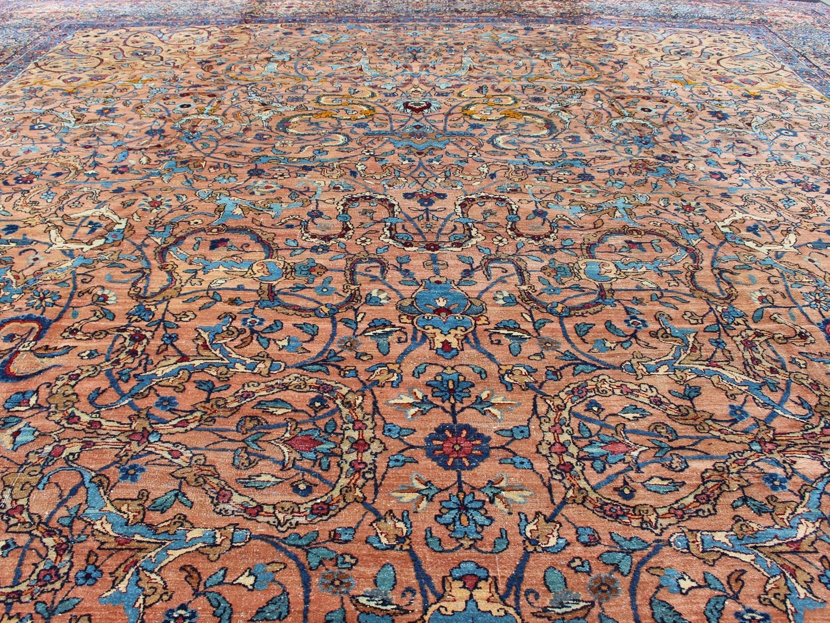 Classic Colorful Antique Large Lavar Kerman Persian Rug in Salmon Background Antique Lavar Kerman Rug. Keivan Woven Arts / rug S12 - 0903, country of origin / type: Persian / Lavar, circa Early - 20th Century. Measures 11'11 x 18'8. T... - Keivan Woven ArtsS12 - 0903 - 3377Rug