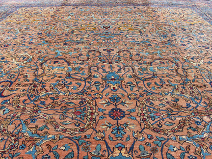 Classic Colorful Antique Large Lavar Kerman Persian Rug in Salmon Background Antique Lavar Kerman Rug. Keivan Woven Arts / rug S12 - 0903, country of origin / type: Persian / Lavar, circa Early - 20th Century. Measures 11'11 x 18'8. T... - Keivan Woven ArtsS12 - 0903 - 3377Rug