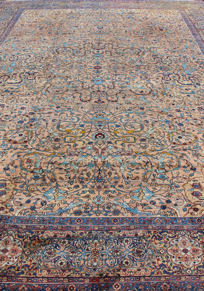 Classic Colorful Antique Large Lavar Kerman Persian Rug in Salmon Background Antique Lavar Kerman Rug. Keivan Woven Arts / rug S12 - 0903, country of origin / type: Persian / Lavar, circa Early - 20th Century. Measures 11'11 x 18'8. T... - Keivan Woven ArtsS12 - 0903 - 3377Rug