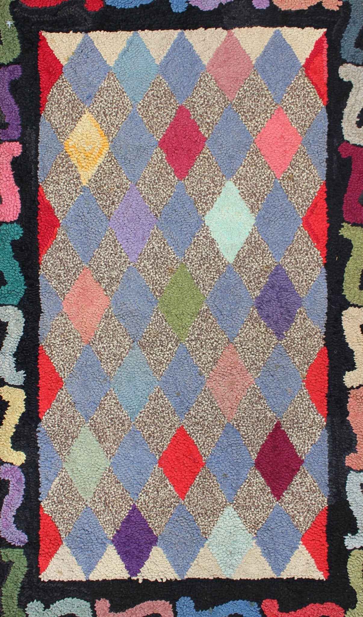 American Hooked Rug with Colorful All - Over Diamond Design with Charcoal Border American Hooked rug design, rug S12 - 0904, country of origin / type: United States / hooked, circa 1920. This American Hooked rug depicts a beautiful design of ... - Keivan Woven ArtsS12 - 0904 - 3654Rug