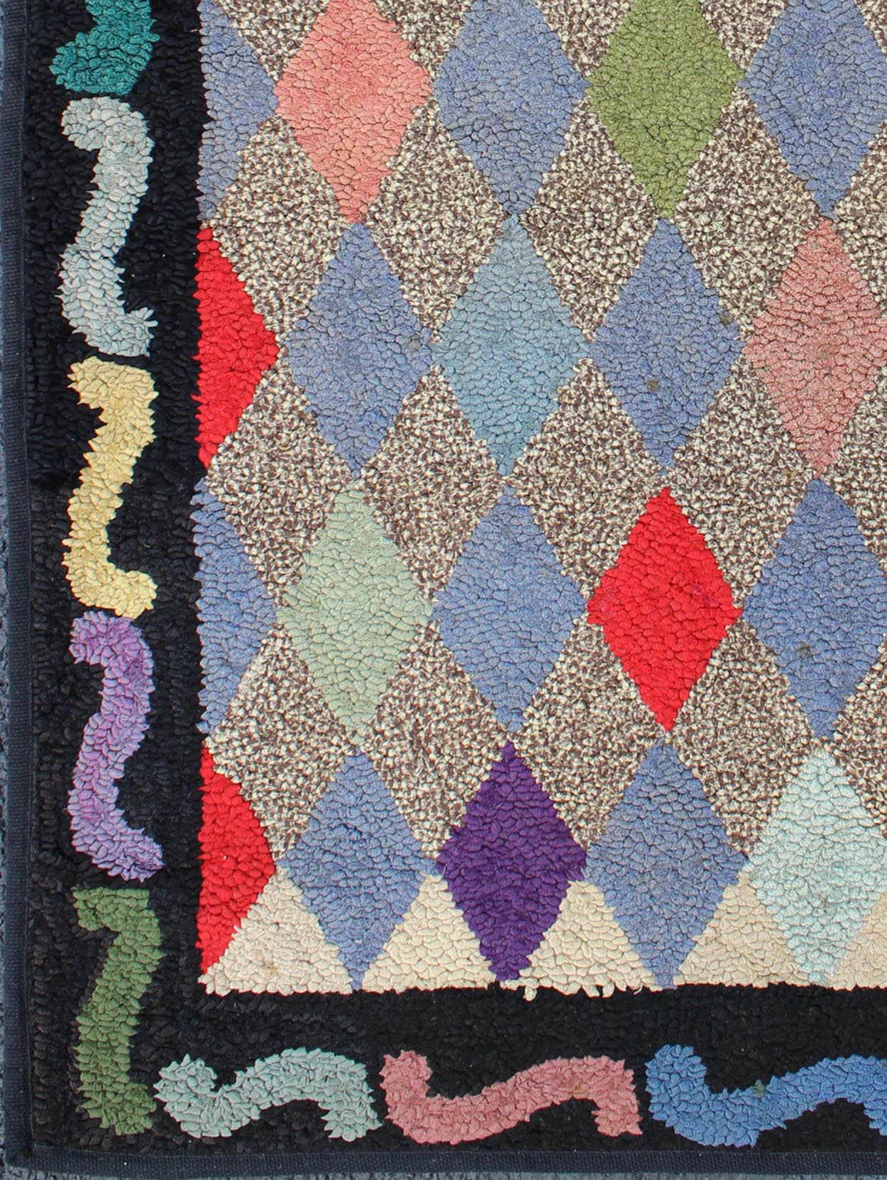 American Hooked Rug with Colorful All - Over Diamond Design with Charcoal Border American Hooked rug design, rug S12 - 0904, country of origin / type: United States / hooked, circa 1920. This American Hooked rug depicts a beautiful design of ... - Keivan Woven ArtsS12 - 0904 - 3654Rug