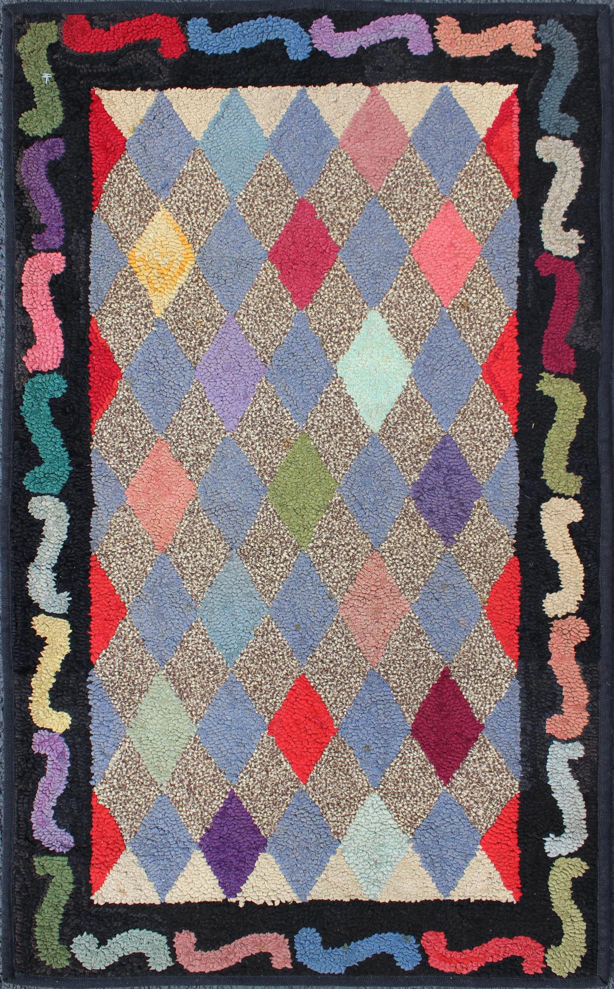 American Hooked Rug with Colorful All - Over Diamond Design with Charcoal Border American Hooked rug design, rug S12 - 0904, country of origin / type: United States / hooked, circa 1920. This American Hooked rug depicts a beautiful design of ... - Keivan Woven ArtsS12 - 0904 - 3654Rug