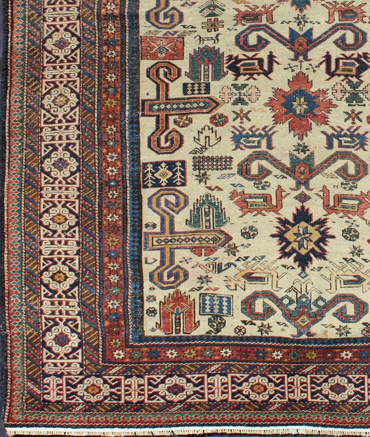 Antique Caucasian Prepedil Rug - This magnificent antique Caucasian Prepedil rug displays a superb Caucasian arabesque accompanied by symbolic devices and protective borders. Crenellated fence guard - bands wind around the perimeter of the field along with... - Keivan Woven ArtsS12 - 0913 - 3674Rug
