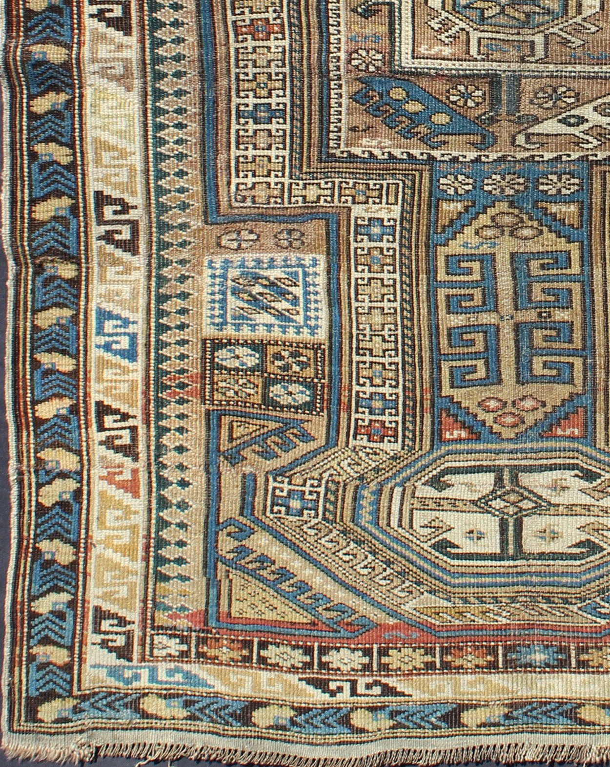 Antique Caucasian Kazak Rug with Geometric Star, Cross and Greek Key Motifs This stunning late 19th century Kazak rug from the Caucasus region displays magnificent, interconnected, geometric medallions and an all - over geometric design. A dynamic... - Keivan Woven ArtsS12 - 1003 - 3748Rug