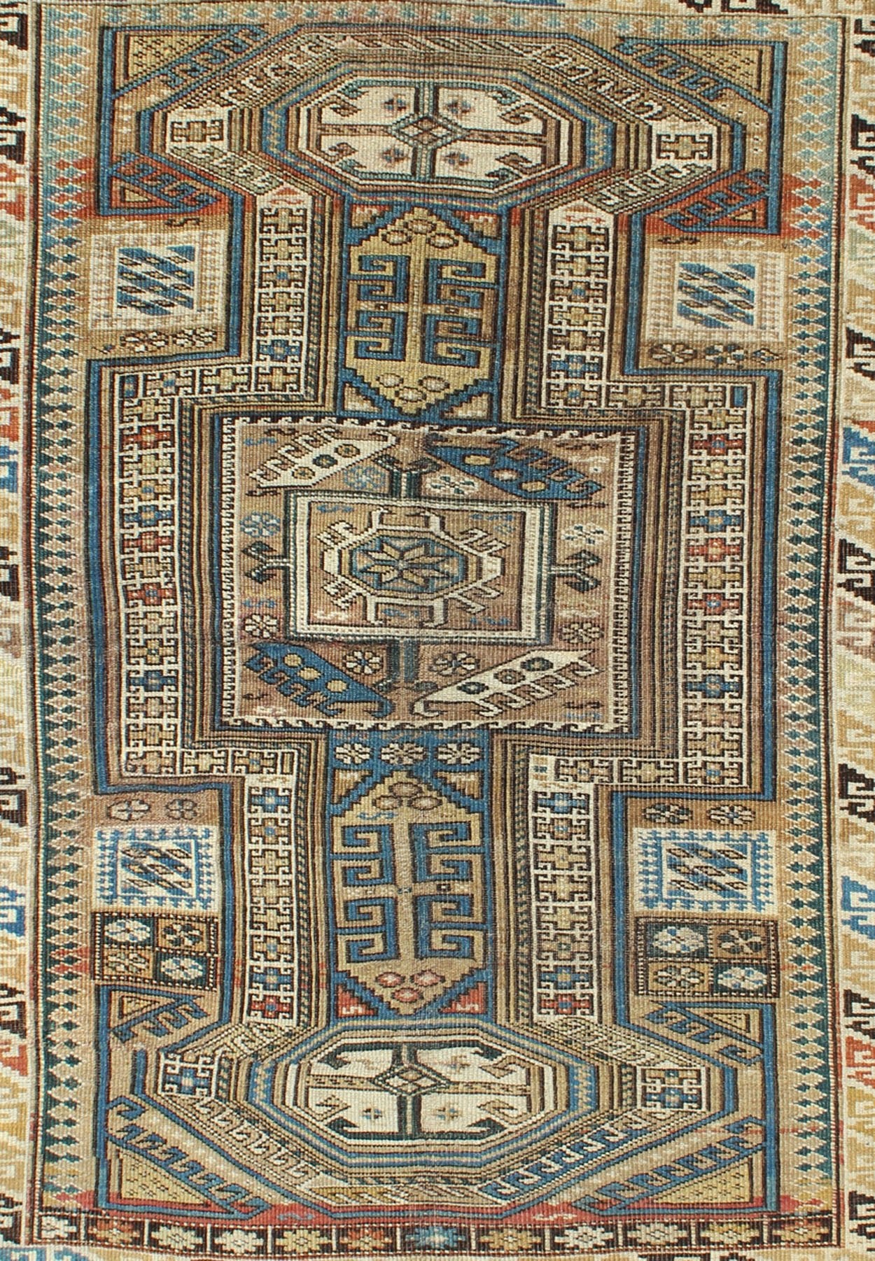 Antique Caucasian Kazak Rug with Geometric Star, Cross and Greek Key Motifs This stunning late 19th century Kazak rug from the Caucasus region displays magnificent, interconnected, geometric medallions and an all - over geometric design. A dynamic... - Keivan Woven ArtsS12 - 1003 - 3748Rug