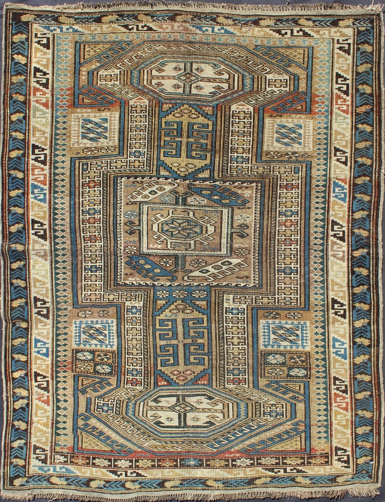 Antique Caucasian Kazak Rug with Geometric Star, Cross and Greek Key Motifs This stunning late 19th century Kazak rug from the Caucasus region displays magnificent, interconnected, geometric medallions and an all - over geometric design. A dynamic... - Keivan Woven ArtsS12 - 1003 - 3748Rug
