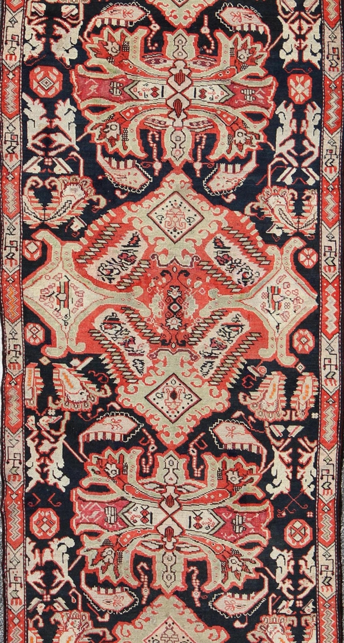 Antique Caucasian Karabagh Runner in Black Background, Orange, Green & Salmon. Keivan Woven Arts / rug S12 - 1106, country of origin / type: Caucus / Caucasian, circa 1910. Measures: 3'10 x 11'11 This beautiful antique Karabagh displays an unusual ... - Keivan Woven ArtsS12 - 1106 - 3756Rug