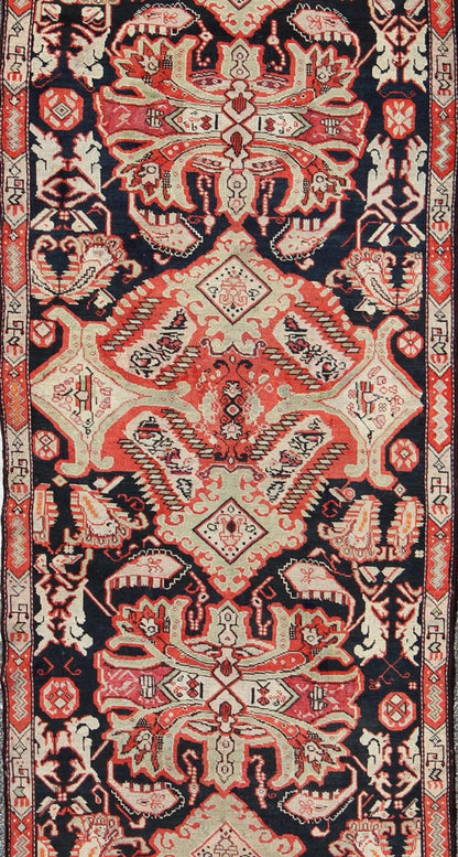 Antique Caucasian Karabagh Runner in Black Background, Orange, Green & Salmon. Keivan Woven Arts / rug S12 - 1106, country of origin / type: Caucus / Caucasian, circa 1910. Measures: 3'10 x 11'11 This beautiful antique Karabagh displays an unusual ... - Keivan Woven ArtsS12 - 1106 - 3756Rug
