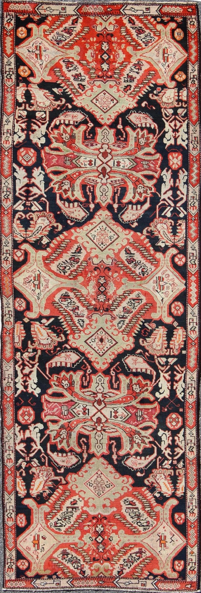 Antique Caucasian Karabagh Runner in Black Background, Orange, Green & Salmon. Keivan Woven Arts / rug S12 - 1106, country of origin / type: Caucus / Caucasian, circa 1910. Measures: 3'10 x 11'11 This beautiful antique Karabagh displays an unusual ... - Keivan Woven ArtsS12 - 1106 - 3756Rug