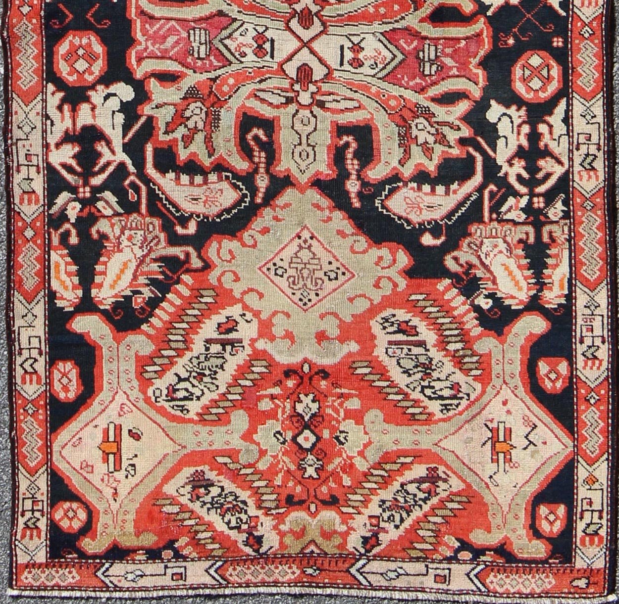 Antique Caucasian Karabagh Runner in Black Background, Orange, Green & Salmon. Keivan Woven Arts / rug S12 - 1106, country of origin / type: Caucus / Caucasian, circa 1910. Measures: 3'10 x 11'11 This beautiful antique Karabagh displays an unusual ... - Keivan Woven ArtsS12 - 1106 - 3756Rug